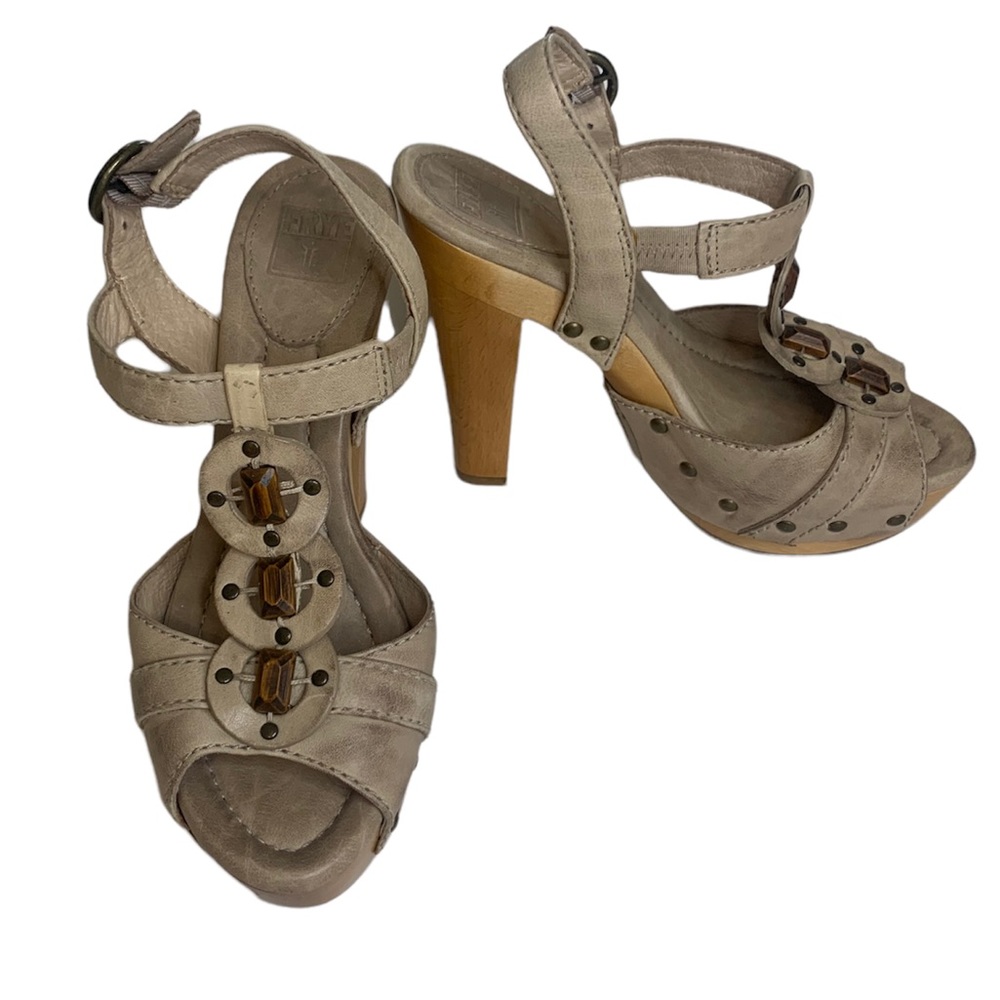 FRYE Fran Wood T Beaded Leather Heels -Comfortable and Like New Sz 7